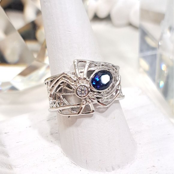 Blue Sapphire Black Widow Spider Stainless Statement Ring - Picture 11 of 13